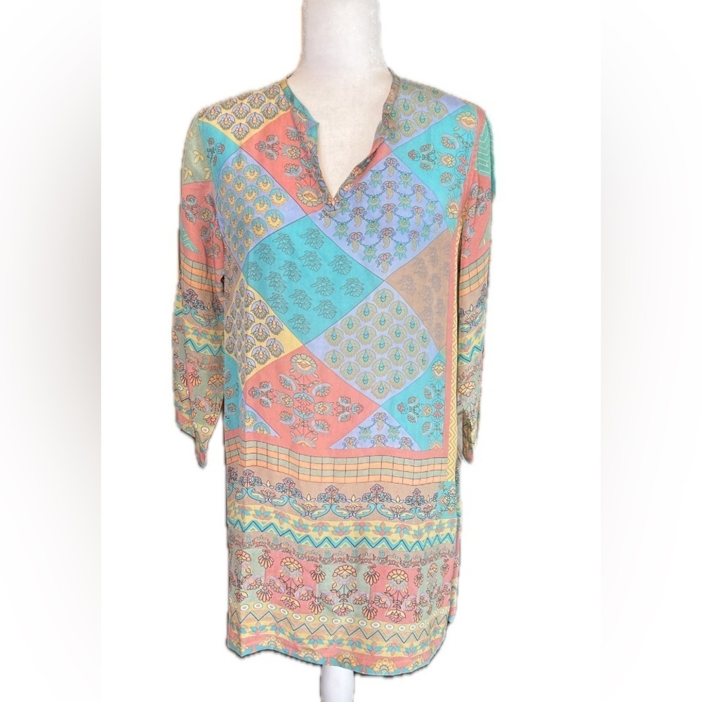 NWT Maharaja’s pure silk tunic 3/4 sleeves, side slits, colorful floral top M/L